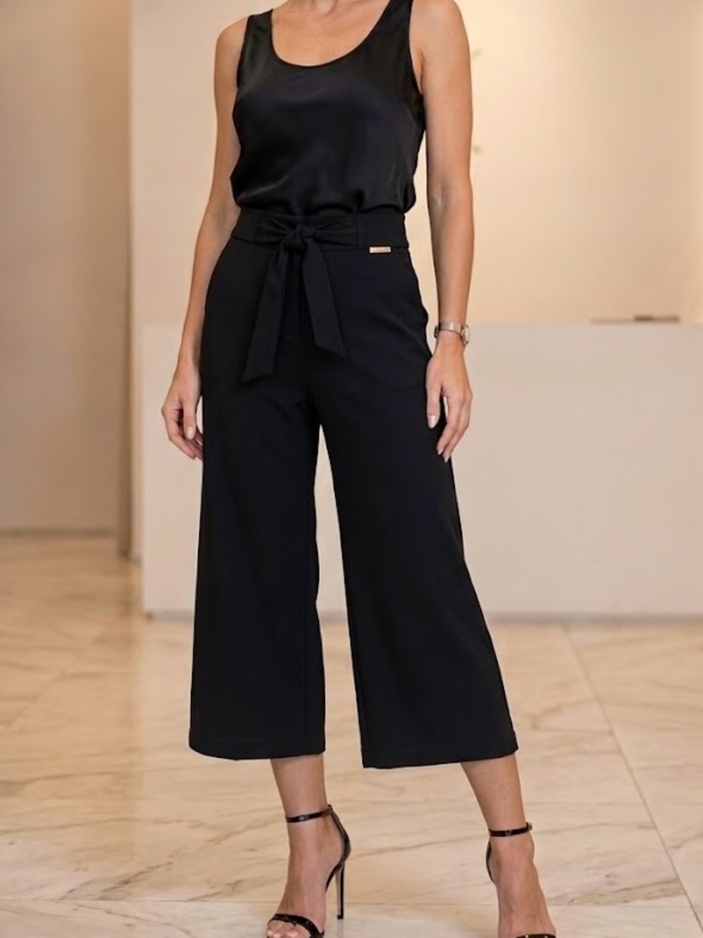 Anne Klein Women’s Black Cropped Wide-Leg Tie-Waist Pants Size S
